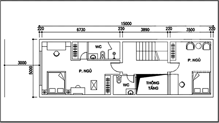 mặt bằng kiến trúc nhà phố 5m x 15m