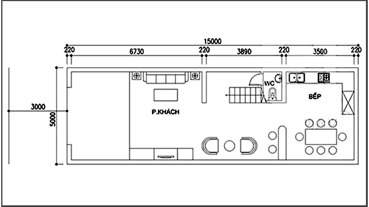 mặt bằng kiến trúc nhà phố 5m x 15m