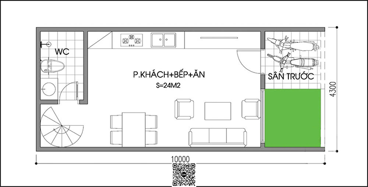 mặt bằng kiến trúc nhà phố 43m2