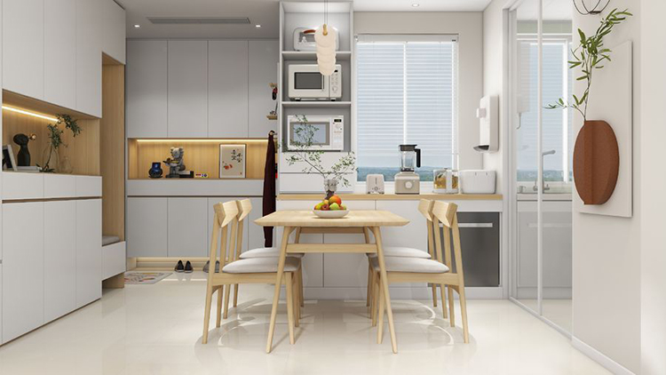 thiết kế thi công nội thất bếp ăn căn hộ 90m2 2 phòng ngủ