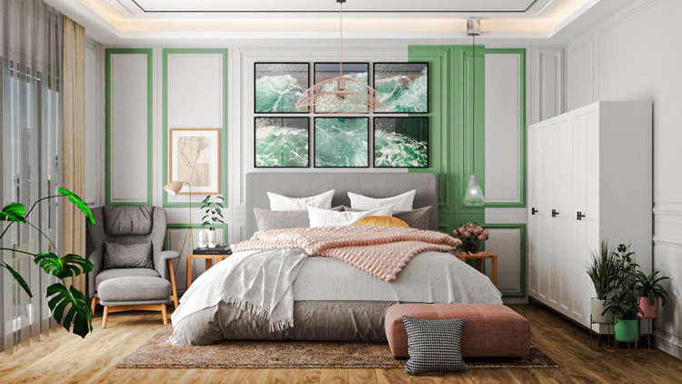 trang trí nội thất phòng ngủ màu xanh lá kết hợp paster đẹp
