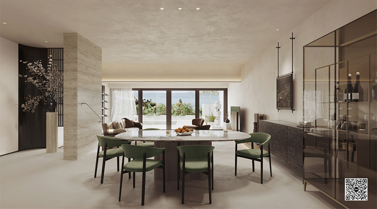 Không gian phòng ăn biệt thự 2 tầng hiện đại với bàn ăn mặt đá oval, ghế bọc vải nhung xanh olive, tủ rượu kính âm tường, ánh sáng đèn thả tinh tế và thiết kế tối giản, sang trọng.