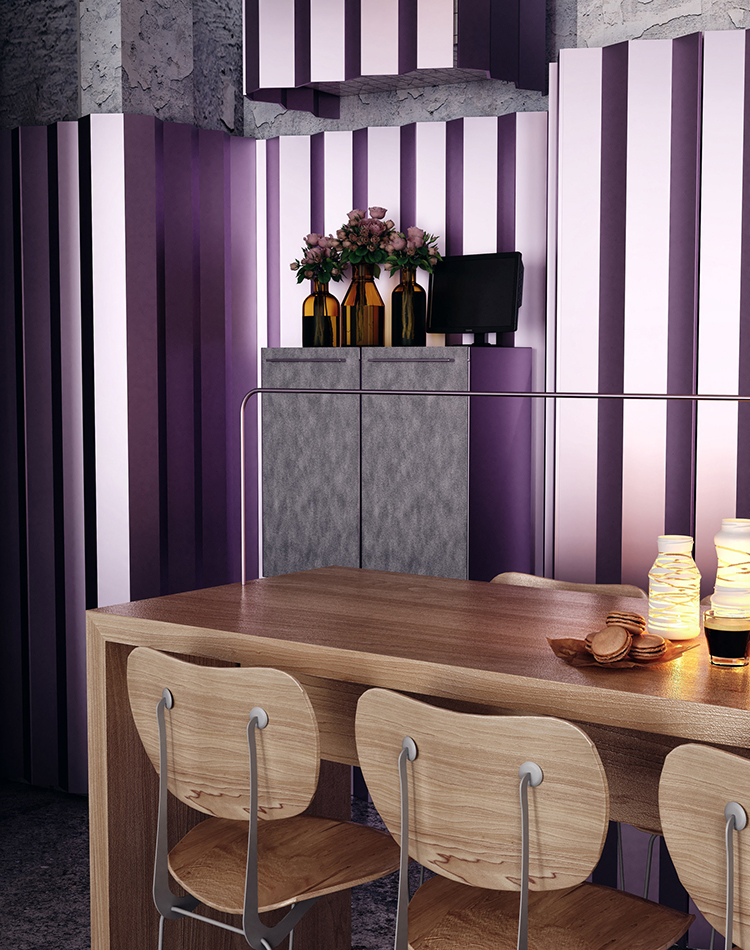 Mẫu nội thất quán cafe năm 2026 tone hồng tím pastel hiện đại, thiết kế theo phong cách tối giản kết hợp vật liệu xi măng và gỗ sáng, không gian trẻ trung và ấm cúng do Khai Đạt thực hiện.