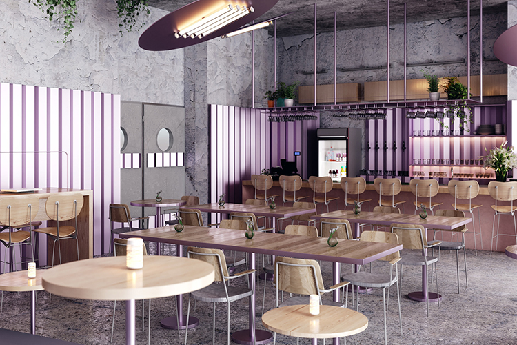 Mẫu nội thất quán cafe năm 2026 tone hồng tím pastel hiện đại, thiết kế theo phong cách tối giản kết hợp vật liệu xi măng và gỗ sáng, không gian trẻ trung và ấm cúng do Khai Đạt thực hiện.