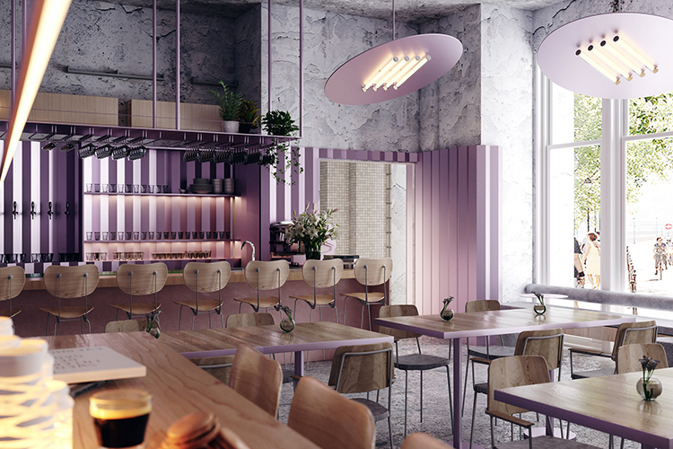 Mẫu nội thất quán cafe năm 2026 tone hồng tím pastel hiện đại, thiết kế theo phong cách tối giản kết hợp vật liệu xi măng và gỗ sáng, không gian trẻ trung và ấm cúng do Khai Đạt thực hiện.