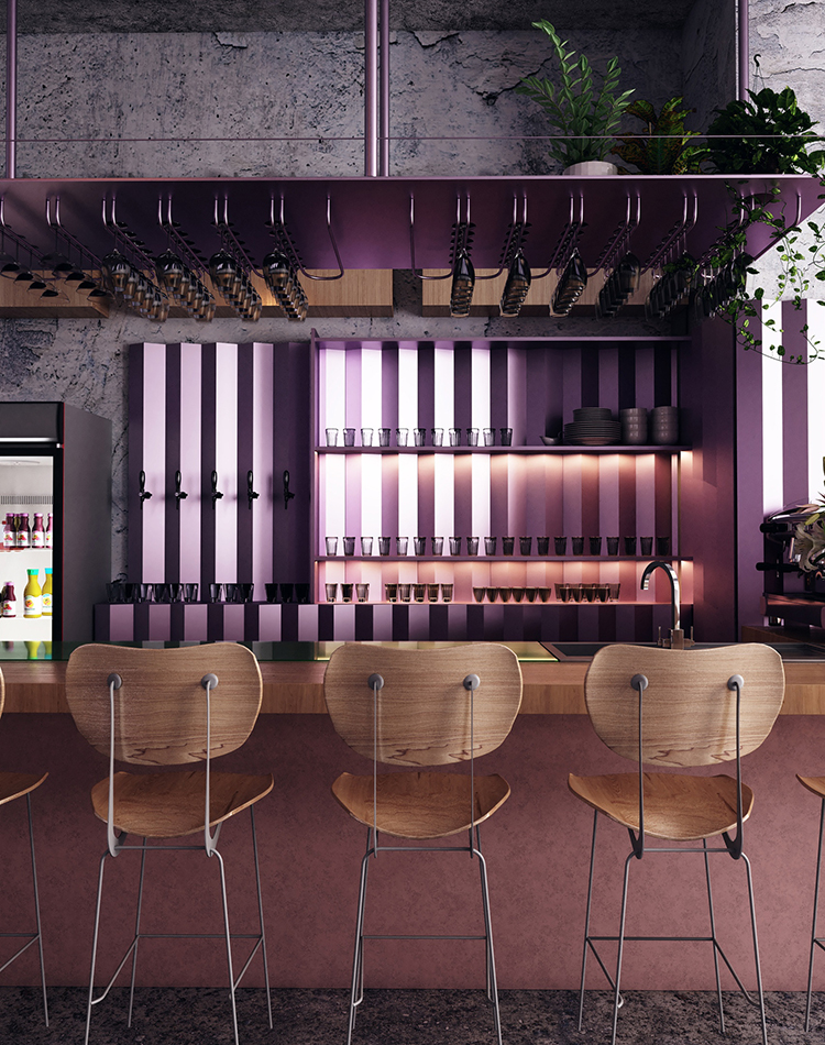 Không gian nội thất quán cafe hiện đại năm 2026 với quầy bar trung tâm, bàn gỗ sáng, tường sọc hồng tím pastel và hệ đèn nghệ thuật – thiết kế bởi Công ty Khai Đạt.