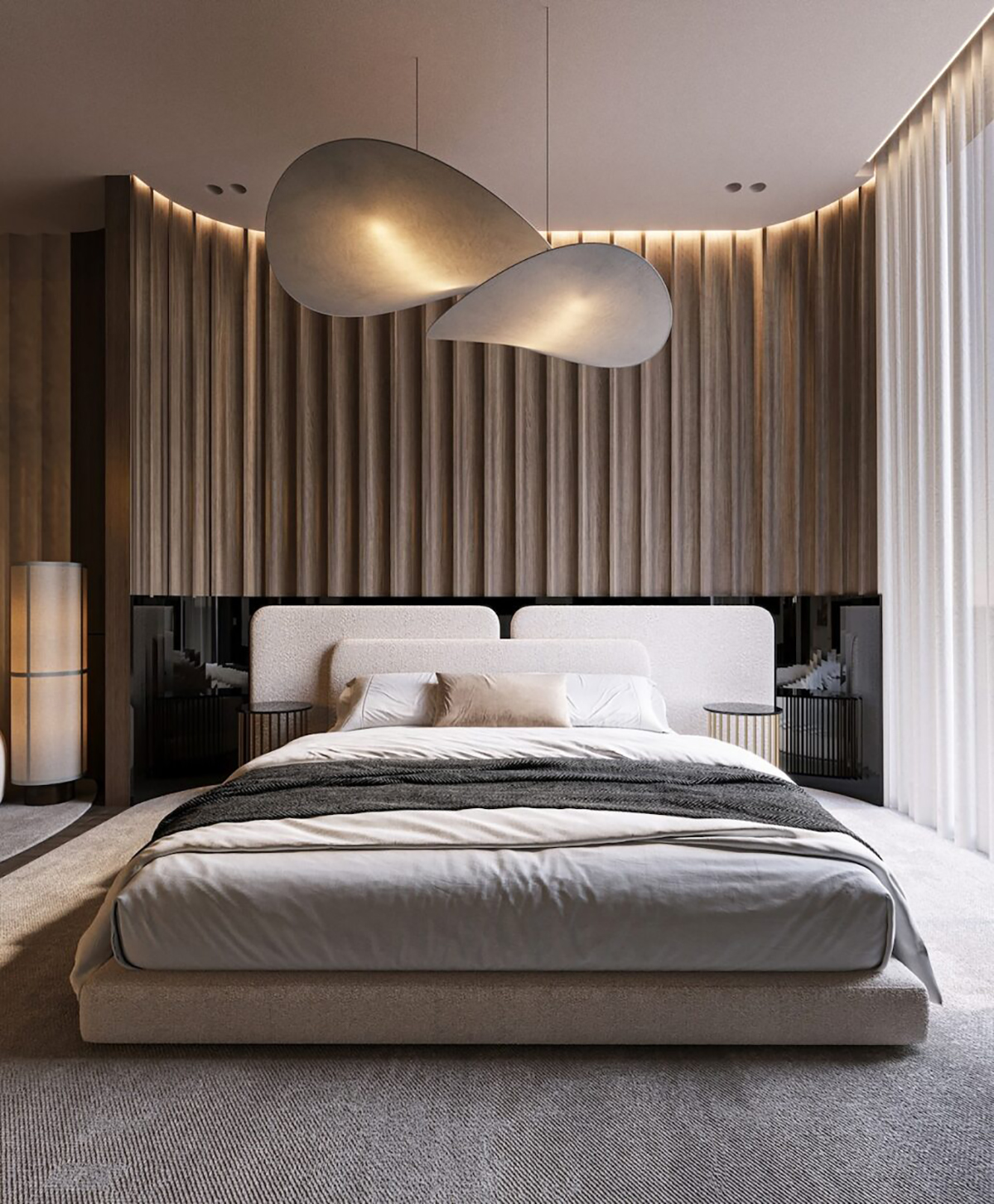 Thiết kế đầu giường phòng ngủ ốp gỗ họa tiết sang trọng