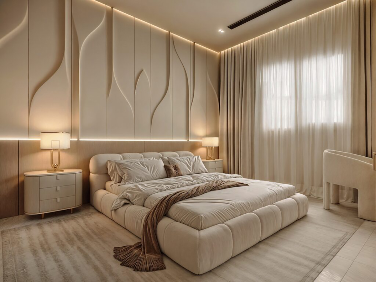 Phòng ngủ màu trắng sang trọng với ánh sáng gián tiếp