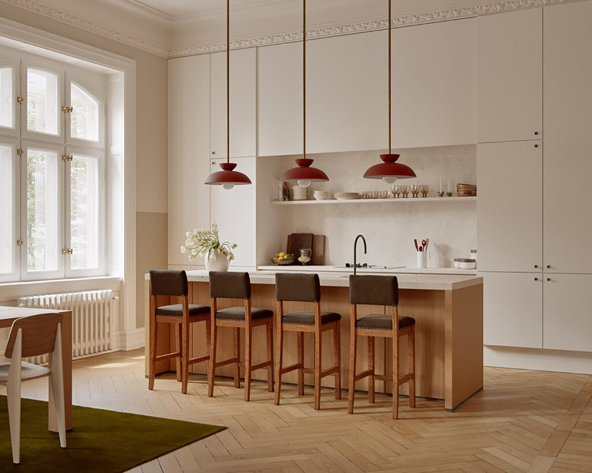 Thiết kế bếp căn hộ hiện đại với đảo bếp gỗ và đèn thả trần