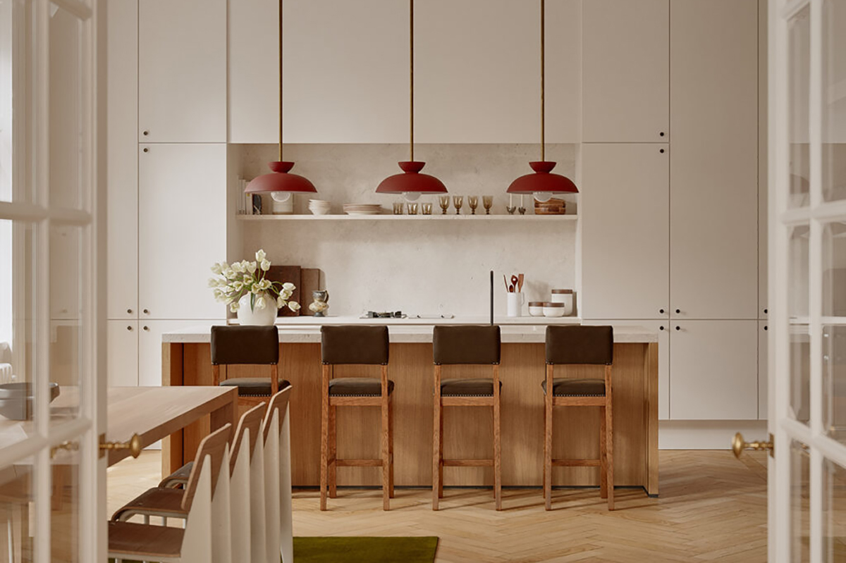 Thiết kế bếp căn hộ hiện đại với đảo bếp gỗ và đèn thả trần