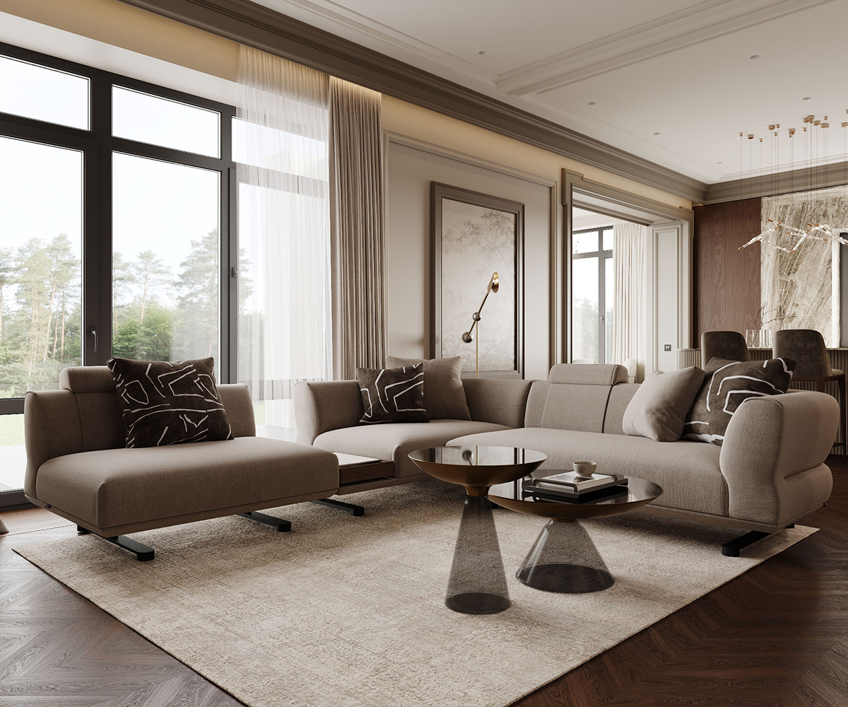 Nội thất phòng khách với sofa cong