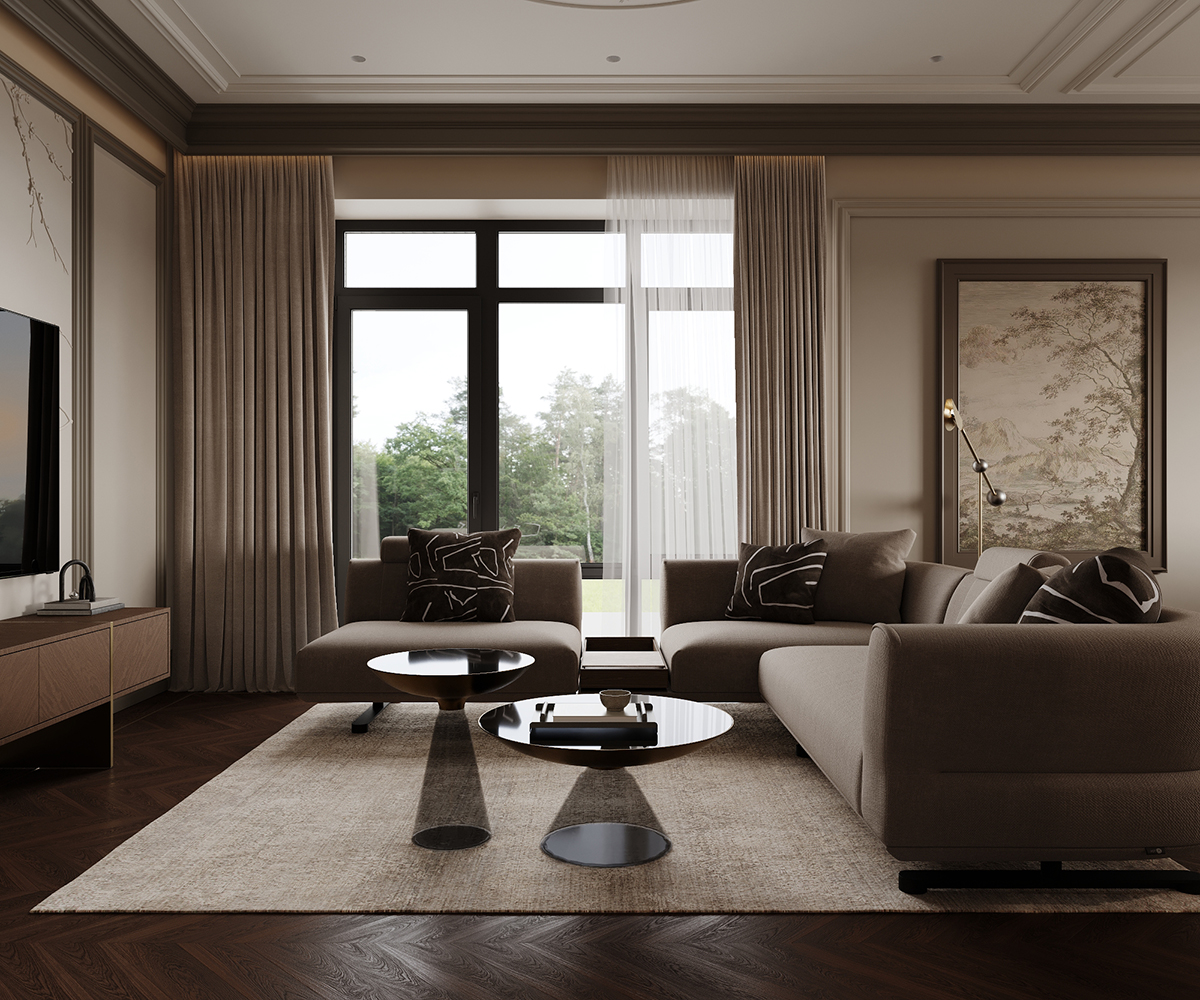 Nội thất phòng khách với sofa cong