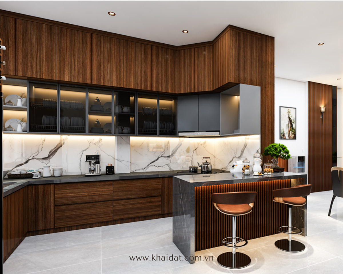 Nội Thất phòng bếp liền kề phòng khách đẹp hiện đại