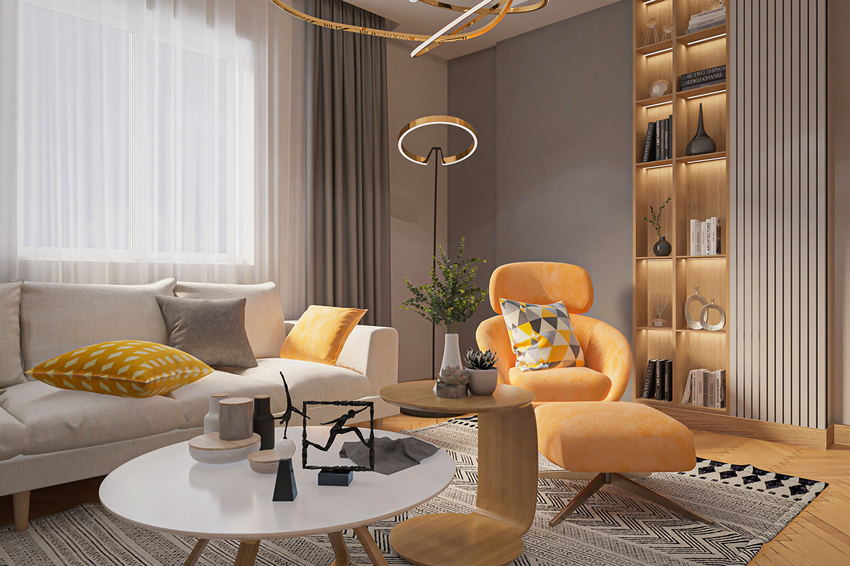 Nội thất phòng khách với sofa cong