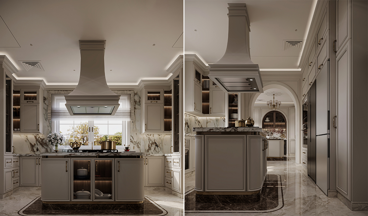 Bàn đảo bếp (Kitchen Island) là một khối nội thất được bố trí độc lập ở trung tâm khu vực bếp. Bàn đảo bếp cổ điển (và tân cổ điển) là điểm nhấn kiến trúc sang trọng, mang lại vẻ đẹp quý phái kiểu hoàng gia Châu Âu cho không gian nấu nướng của gia đình.