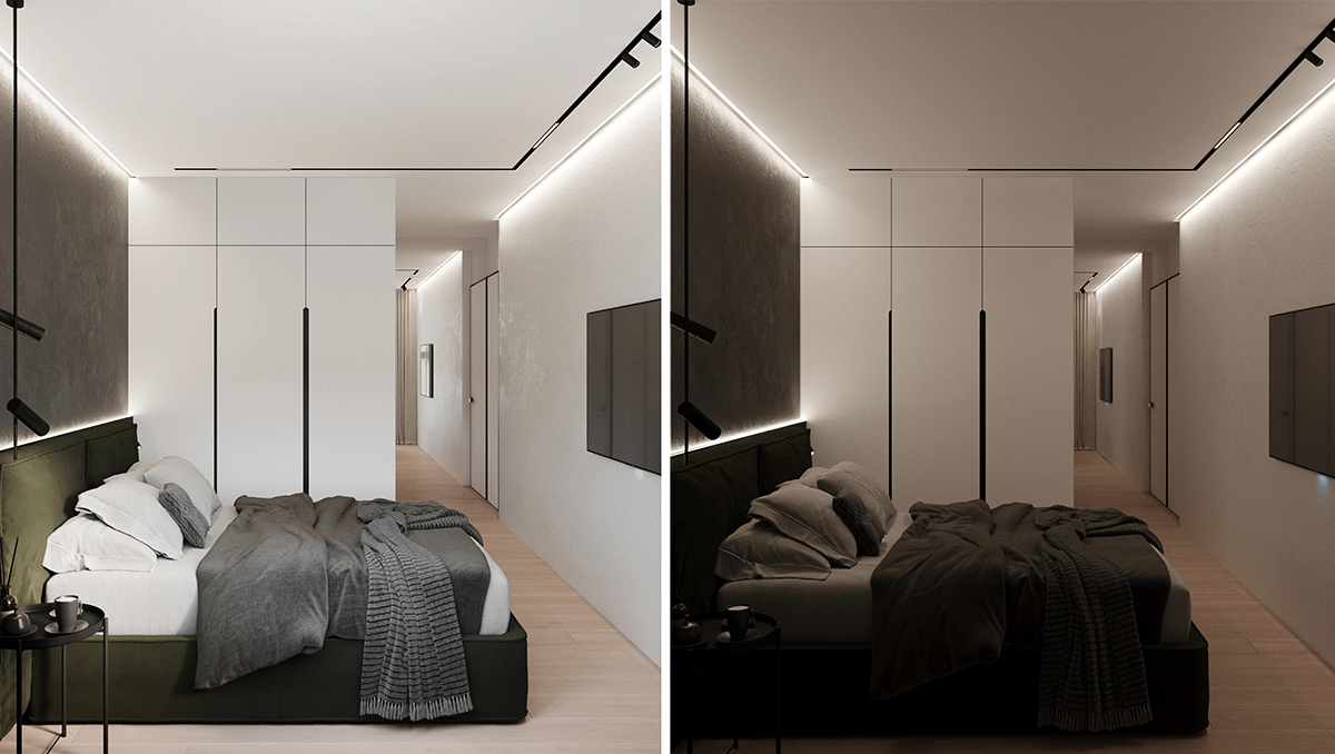 Thiết kế nội thất căn hộ 70m² hiện đại tối giản Phòng ngủ hiện đại với gam màu trầm