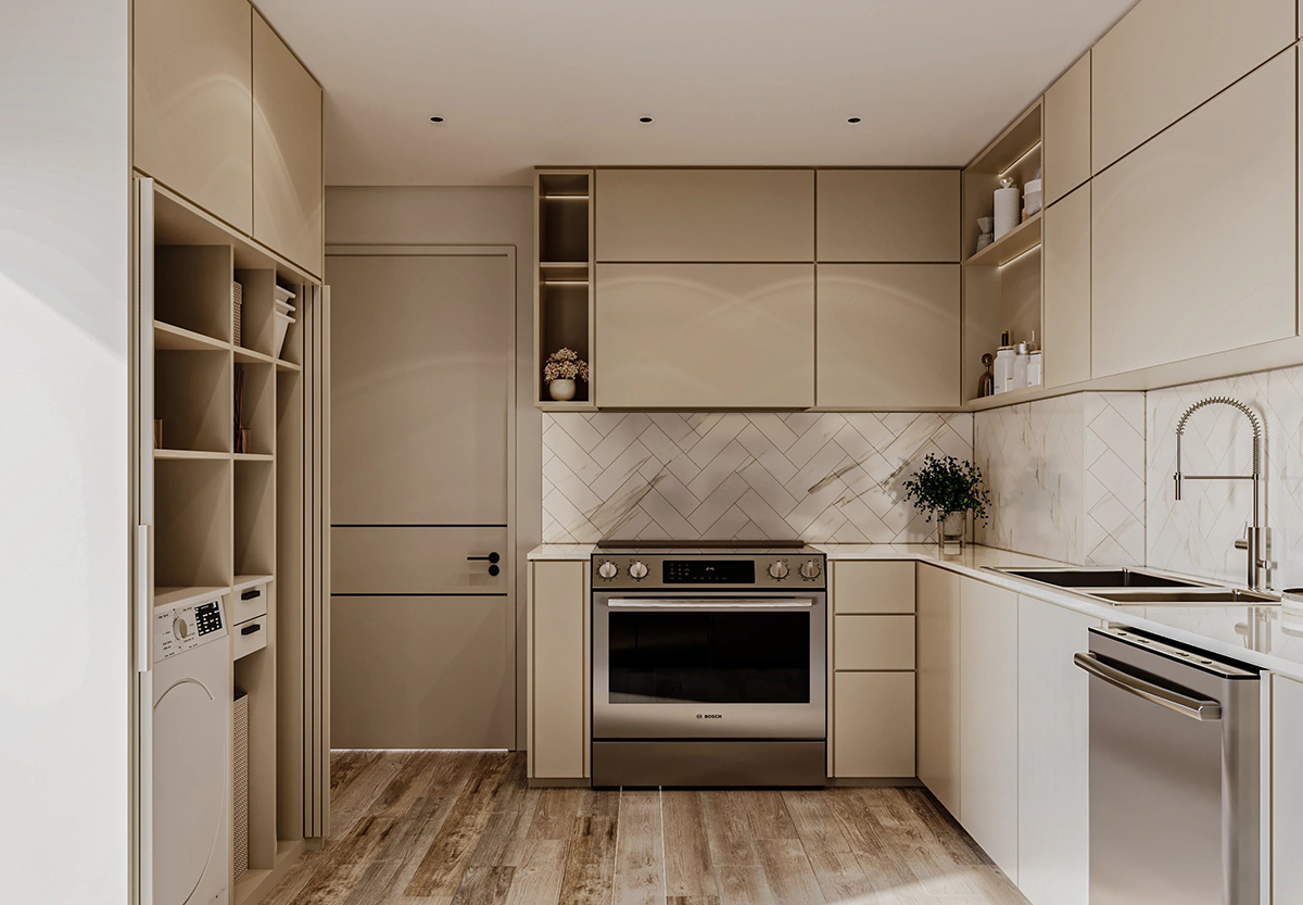 Bếp Scandinavian màu beige
