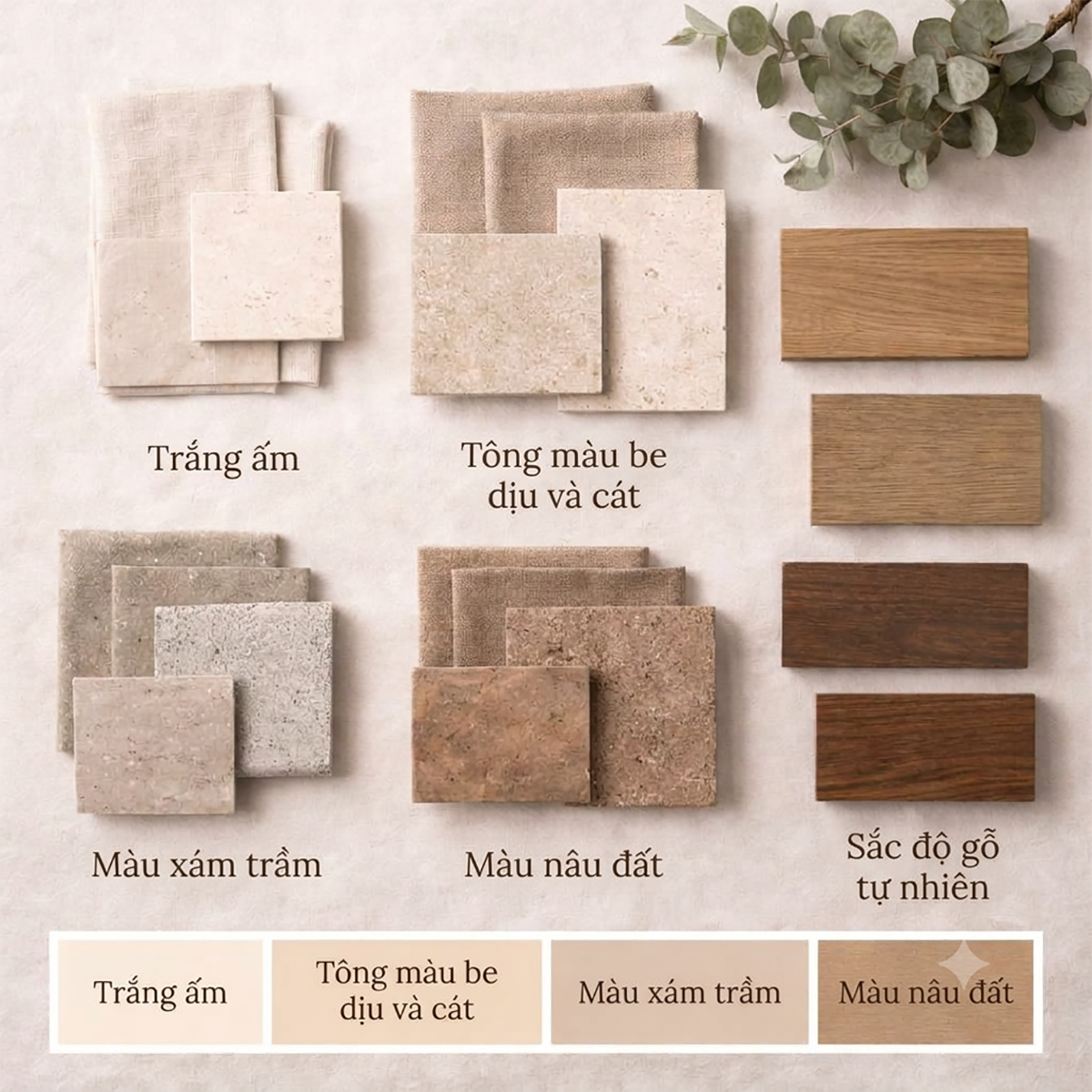 bảng màu nên có sự thống nhất giữa phòng khách, bếp, khu vực ăn uống và phòng ngủ Vật liệu tạo nên vẻ đẹp Japandi