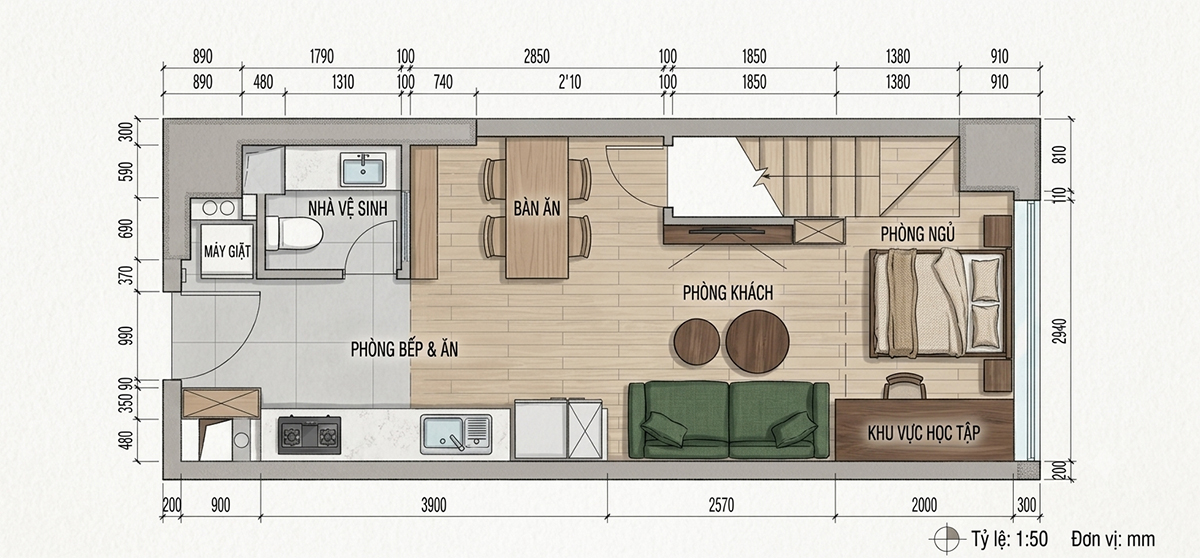 mặt bằng thiết kế nội thất căn hộ 32m2 có gác lửng