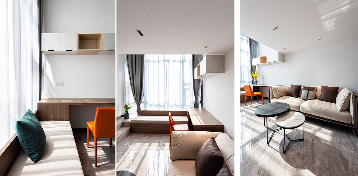thiết kế nội thất phòng khách căn hộ 32m2 có gác lửng