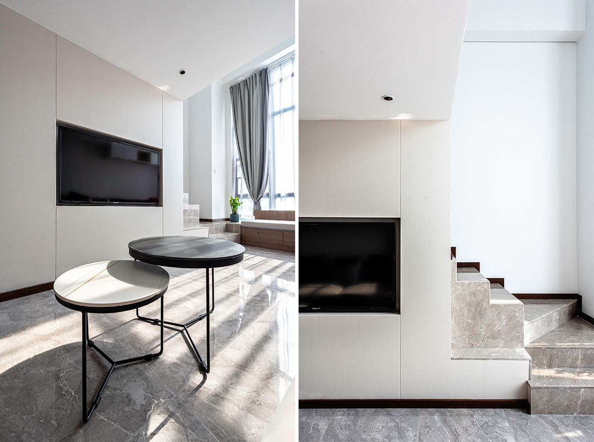 thiết kế nội thất phòng khách căn hộ 32m2 có gác lửng