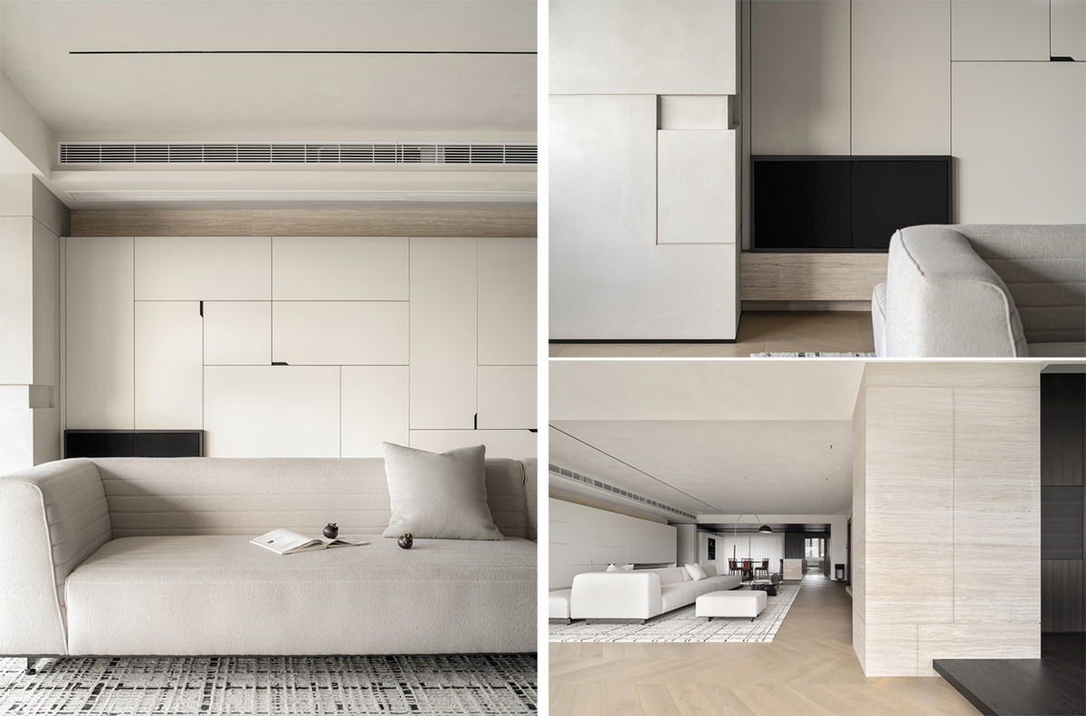 Thiết kế phòng khách căn hộ 250m² với gam màu đen trắng và gỗ tự nhiên