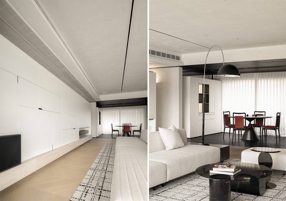 Thiết kế phòng khách căn hộ 250m² với gam màu đen trắng và gỗ tự nhiên