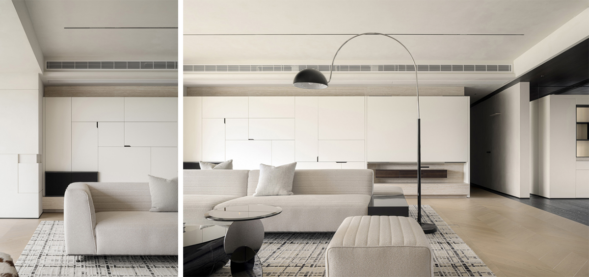 Thiết kế phòng khách căn hộ 250m² với gam màu đen trắng và gỗ tự nhiên
