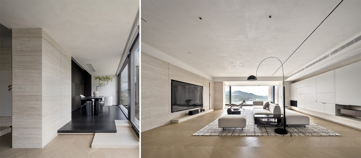 Thiết kế phòng khách căn hộ 250m² với gam màu đen trắng và gỗ tự nhiên