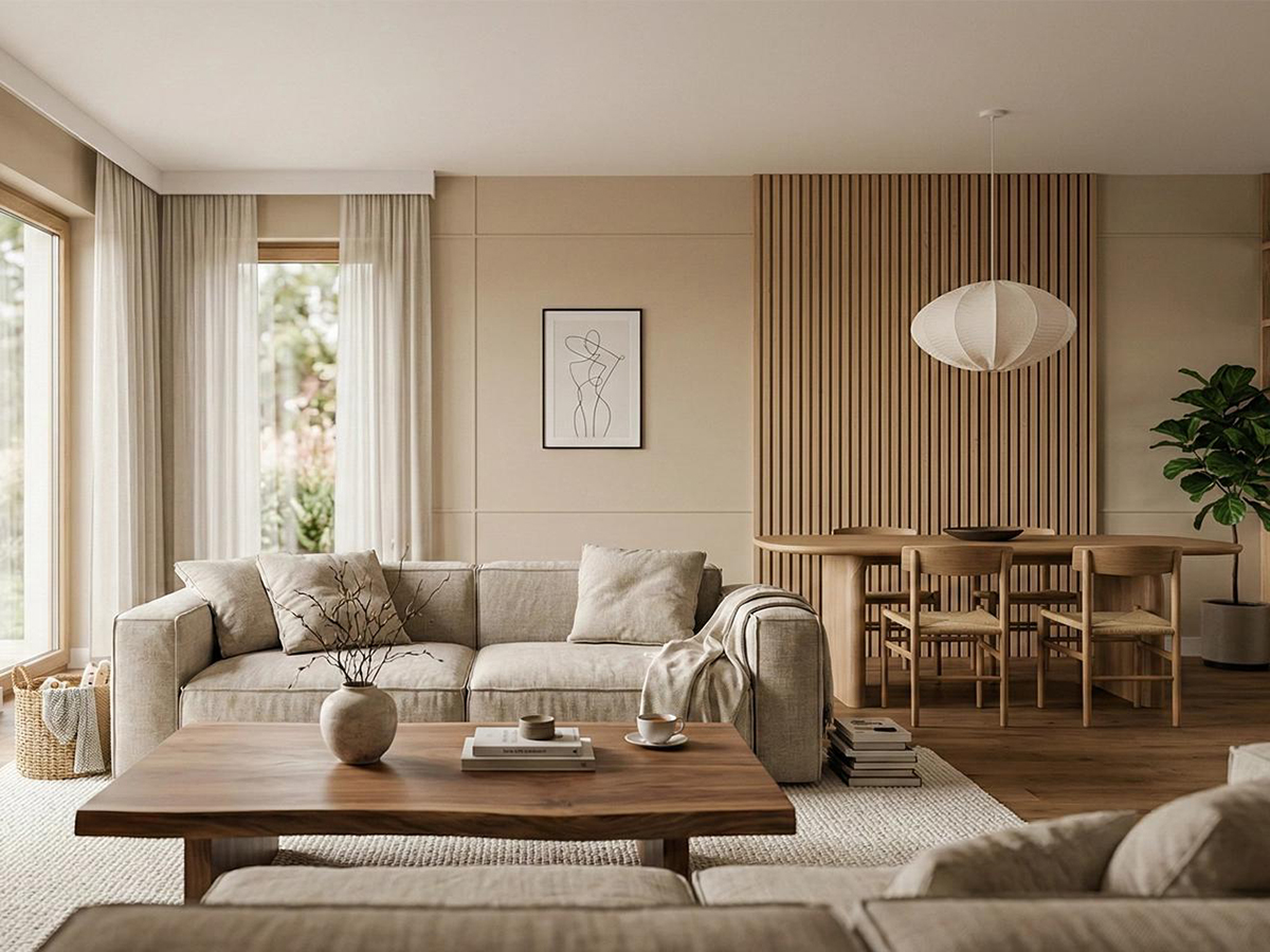 Thiết kế phòng khách 70m² theo phong cách Japandi thiết kế phòng khách nội thất căn hộ