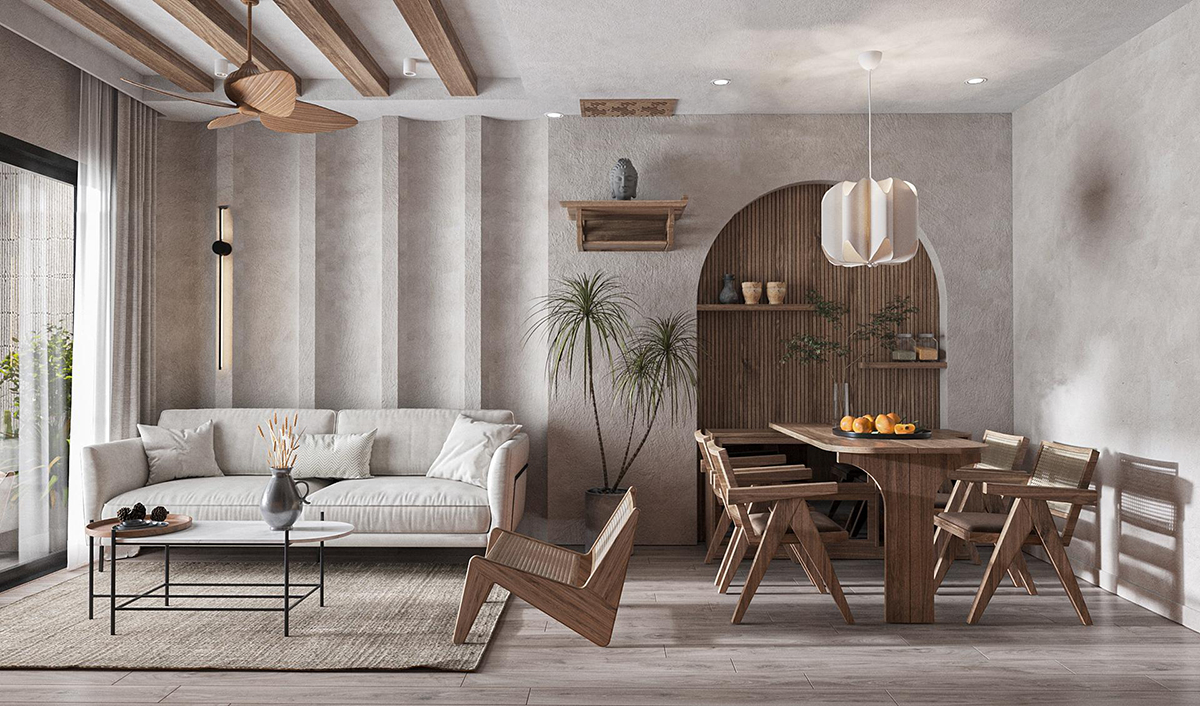 Thiết kế phòng khách 70m² theo phong cách Japandi thiết kế phòng khách nội thất căn hộ